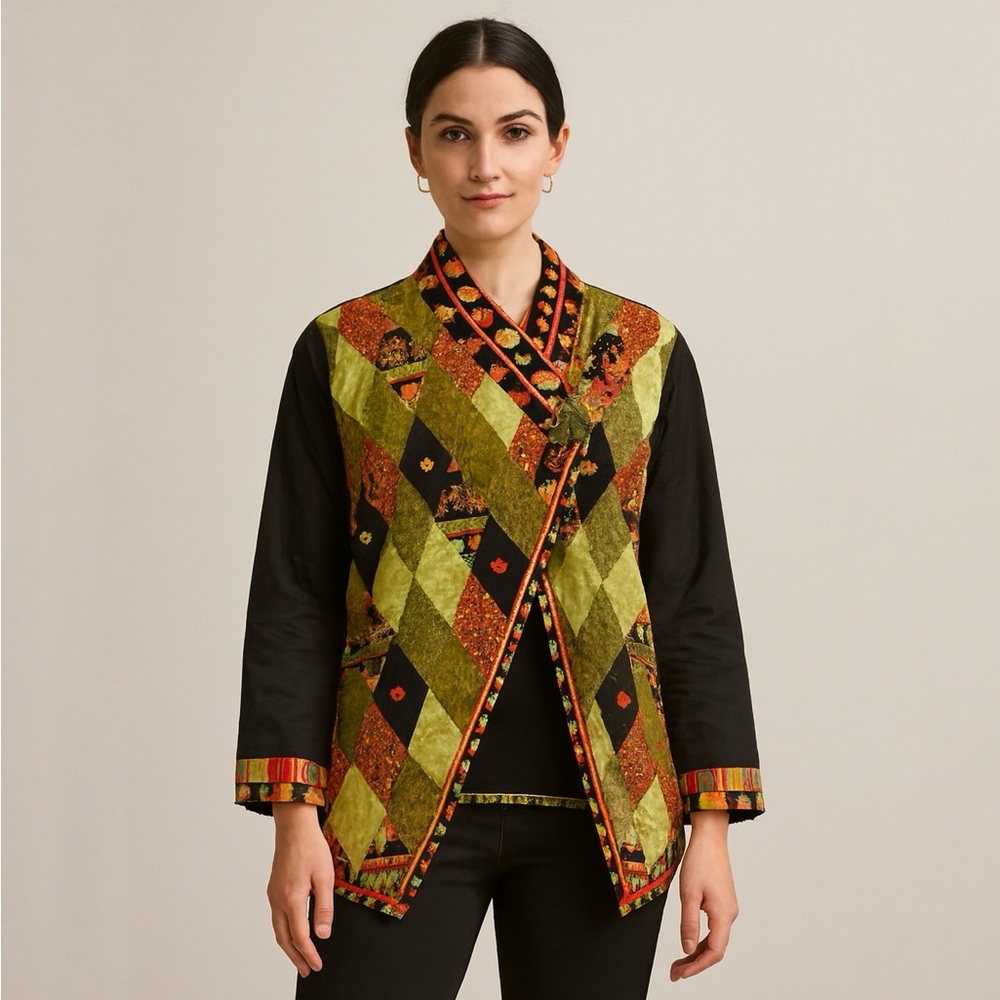 Handmade Orange Green Artsy Patchwork Jacket Size Large